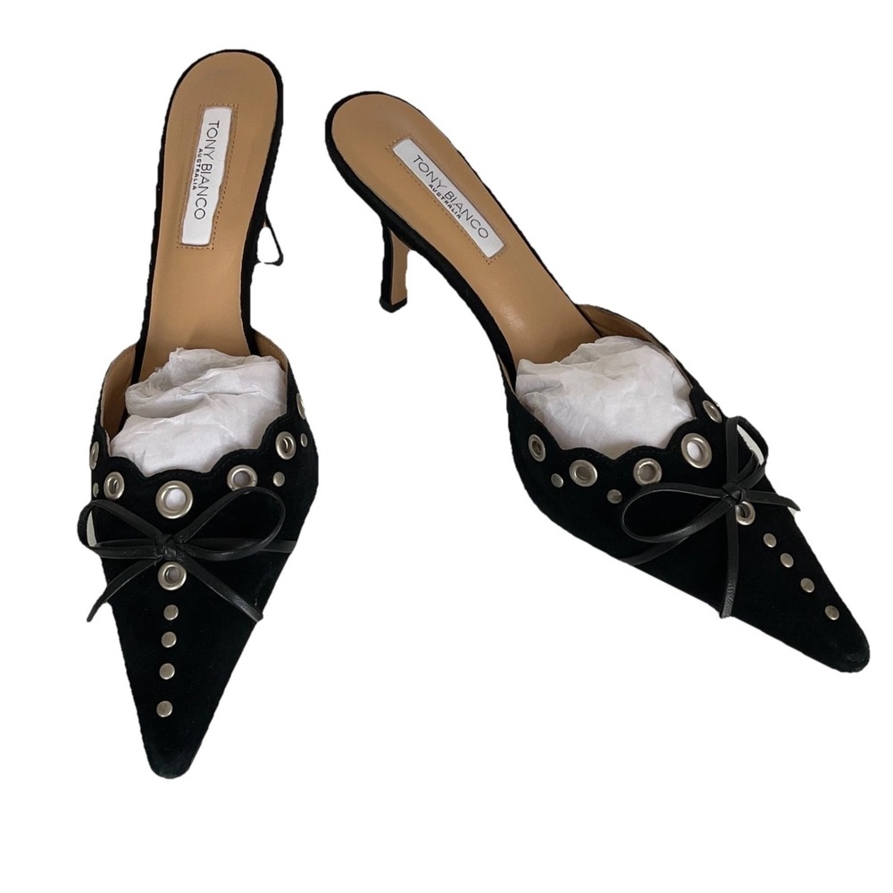 Tony Bianco Revolve Mule Heels Stiletto Shae Pointed Toe Dressy Bow Chic Size 7 - Picture 1 of 15